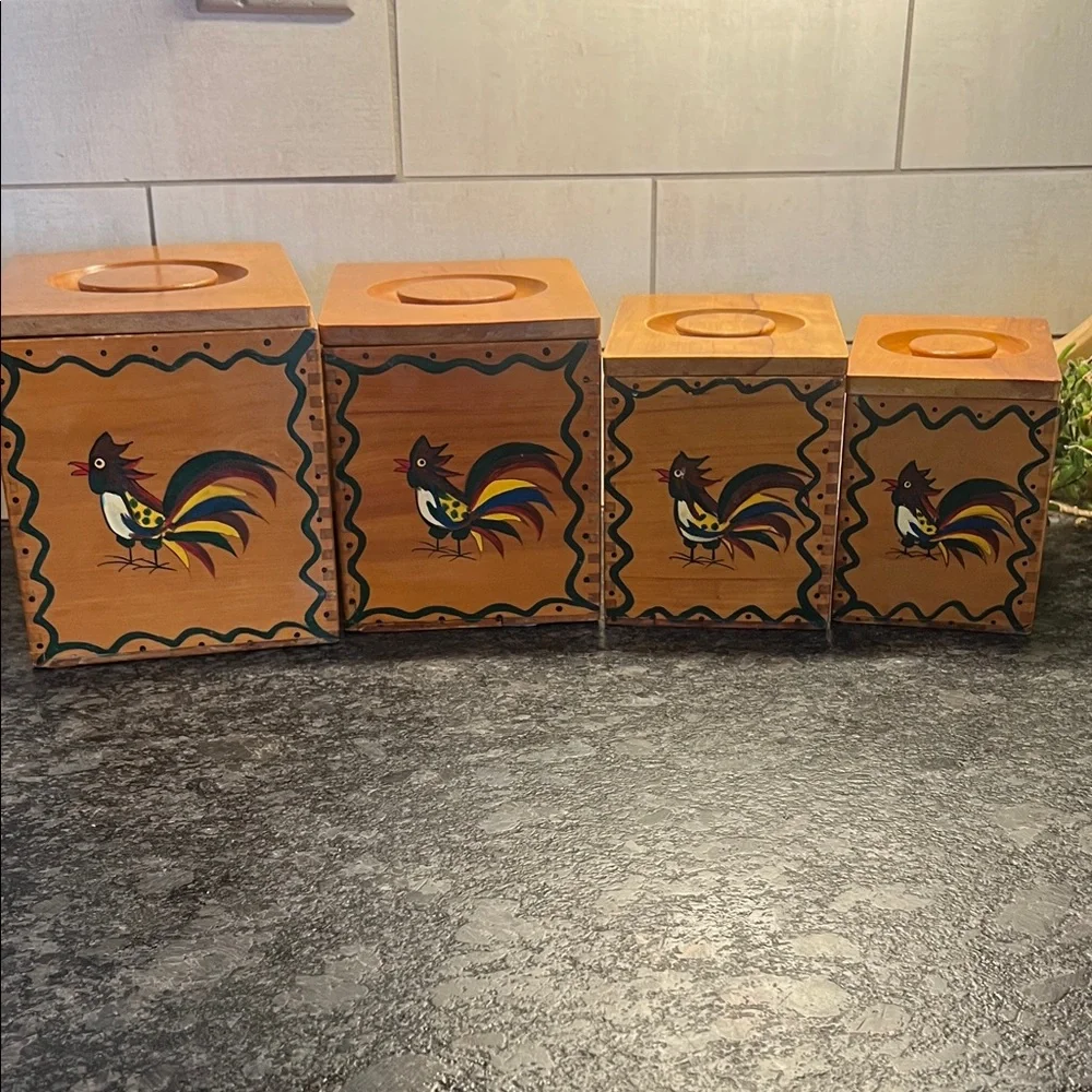Woodpecker Woodware  painted Set of Rooster Design Wood Canisters. ADORABLE